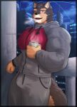  anthro beverage brown_body brown_fur bulge canid canine canis coffee domestic_dog eyebrows fur hi_res lifewonders live_a_hero male mammal muscular muscular_anthro muscular_male ortwin_rd outside pecs pubraseer solo thick_eyebrows 