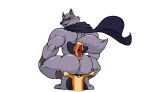  2023 anthro big_butt big_muscles broly_culo butt butt_focus canid canine canis cape clothing crouching death_(puss_in_boots) domestic_cat dreamworks duo felid feline felis fur grey_body grey_butt grey_fur hat headgear headwear hi_res koratkat larger_male looking_back male mammal meme muscular muscular_anthro muscular_male open_mouth orange_body orange_fur parody puss_in_boots_(dreamworks) puss_in_boots_(film) puss_in_boots_the_last_wish red_eyes sharp_teeth simple_background size_difference smaller_male spread_legs spreading teeth tongue white_background wolf 