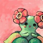  :d bellossom blush_stickers english_commentary flower green_eyes hands_up no_humans open_mouth pink_background pokemon pokemon_(creature) red_flower sailorclef smile solo 