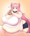  animal_humanoid belly big_belly big_breasts big_butt big_tail breasts burger butt cakecatboy collar dragon dragon_humanoid eating female food freya_(cowszers) furniture hair hi_res horn horned_humanoid huge_breasts huge_butt humanoid humanoid_pointy_ears hyper hyper_breasts obese obese_female overweight overweight_female pink_eyes pink_hair rumbling_stomach signature smile solo sound_effects standing table tail text thick_thighs 