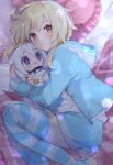  1girl alternate_costume bangs bed blanket blonde_hair blue_hoodie blue_thighhighs blush bodysuit brown_eyes character_doll closed_mouth commentary_request doll eyes_visible_through_hair fingernails frills genshin_impact grey_bodysuit grey_hair grey_thighhighs hair_between_eyes halo hands_up heart heart_pillow highres hood hoodie hug indoors light lips long_sleeves looking_to_the_side lumine_(genshin_impact) lying mayu-mayu1026 no_headwear no_shoes on_side open_clothes open_hoodie open_mouth paimon_(genshin_impact) pillow pocket puffy_long_sleeves puffy_sleeves purple_eyes shadow short_hair short_hair_with_long_locks sidelocks solo striped striped_thighhighs thighhighs tongue zipper 
