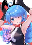  1girl :o animal_ears armpits arms_up artist_name bangs black_gloves blue_eyes blush bow bowtie breasts dress_shirt drill_hair earrings fake_animal_ears gloves gwen_(league_of_legends) happy_new_year highres jewelry league_of_legends long_hair medium_breasts momikodayo one_eye_closed playboy_bunny red_background red_bow red_bowtie shirt solo swept_bangs twin_drills twintails upper_body white_background 
