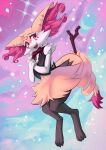  1girl :3 alipse animal_ear_fluff animal_ears animal_feet animal_hands animal_nose black_fur black_vest body_fur bottomless bow bowtie braixen clothed_pokemon commentary earrings english_commentary facial_mark fang feet flat_chest fox_ears fox_girl fox_tail full_body fur_collar furry furry_female hands_up happy highres jewelry knees_together_feet_apart looking_at_viewer multicolored_fur multiple_earrings open_mouth own_hands_together pokemon pokemon_(creature) purple_background raised_eyebrows red_bow red_bowtie red_eyes skin_fang smile snout solo sparkle standing stick tail vest white_fur yellow_fur 