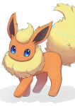  absurdres animal_focus blonde_hair blue_eyes closed_mouth commentary_request flareon full_body fur_collar highres looking_at_viewer looking_to_the_side mochizuki_reiji no_humans partial_commentary pokemon pokemon_(creature) short_hair simple_background solo standing white_background 