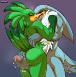  2022 absurd_res accipitrid accipitriform albatross anthro avian big_butt big_penis bird bodily_fluids butt cum duo feathers french_kissing genital_fluids genitals green_body green_feathers grey_body grey_feathers hi_res jet_the_hawk kissing male male/male nude penis procellariiform sega simple_background sonic_riders sonic_the_hedgehog_(series) storm_the_albatross vellvetfoxie white_body white_feathers 