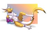  anklet anthro anus arm_warmers armwear bandai_namco breasts claws clothing cocofox collar digimon digimon_(species) ear_piercing female fin fish genitals hair hi_res hybrid jewelry marine multi_nipple neck_tuft nipples notched_ear piercing pussy reclining renamon shark solo tail tail_fin tuft white_body white_hair yellow_body 