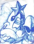  blue_theme closed_mouth crawdaunt crustacean english_commentary looking_at_viewer monochrome no_humans pincers pokemon pokemon_(creature) sailorclef star_(symbol) traditional_media watercolor_pencil_(medium) white_background 