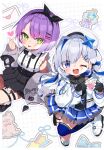  2girls :p ;d amane_kanata angel_wings asymmetrical_bangs asymmetrical_hair asymmetrical_legwear bangs beret black_dress black_gloves black_hairband blue_dress blue_eyes blue_hair blue_thighhighs blush bob_cut bow_hairband chibi colored_inner_hair dress feathered_wings finger_heart frilled_dress frills full_body gloves gradient gradient_dress gradient_wings green_eyes grey_hair hair_ornament hair_over_one_eye hair_rings hairband hairclip hat heart_o-ring high-waist_skirt highres hololive jacket jewelry jirai_kei long_hair long_sleeves low_twintails miniskirt multicolored_hair multicolored_wings multiple_girls necklace noi_mine o-ring_thigh_strap official_alternate_hair_length official_alternate_hairstyle one_eye_closed open_mouth partially_fingerless_gloves pleated_dress pleated_skirt puffy_long_sleeves puffy_sleeves purple_hair sailor_collar shoes short_dress short_hair single_hair_intake single_thighhigh skirt sleeveless sleeveless_dress smile sneakers solo star_(symbol) star_necklace suspender_skirt suspenders thigh_pouch thigh_strap thighhighs tokoyami_towa tongue tongue_out twintails uneven_legwear virtual_youtuber white_footwear white_jacket white_sailor_collar white_wings wings 