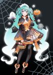  1girl absurdres ankle_strap argyle argyle_dress bangs basket blue_eyes blue_hair blush bone_hair_ornament bow breasts bug candy capelet cat choker cleavage dress food footwear_bow frilled_dress frilled_sleeves frills full_body ghost gradient_hair hair_ornament halloween hat hatsune_miku highres holding holding_basket holding_candy holding_food holding_lollipop jack-o&#039;-lantern layered_dress lollipop long_hair long_sleeves looking_at_viewer masumofu multicolored_hair pantyhose pumpkin silk smile solo spider spider_web spider_web_print striped striped_pantyhose tongue tongue_out twintails vertical-striped_pantyhose vertical_stripes very_long_hair vocaloid white_hair 