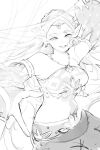  1girl bare_shoulders breasts cowboy_shot crop_top detached_sleeves earrings flower greyscale hair_flower hair_ornament halterneck harem_outfit head_chain jewelry long_hair looking_at_viewer medium_breasts midriff monochrome parted_lips pointy_ears princess_zelda sketch smile solo ten_1397xx the_legend_of_zelda the_legend_of_zelda:_breath_of_the_wild thick_eyebrows 