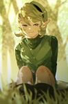  1girl bangs black_hairband blurry blurry_background blurry_foreground boots feet_out_of_frame forest grass green_eyes green_hair green_sweater green_tunic hair_between_eyes hairband highres kokiri long_sleeves looking_at_viewer nature outdoors pointy_ears saria_(the_legend_of_zelda) short_hair sitting smile solo sweater swept_bangs ten_1397xx the_legend_of_zelda the_legend_of_zelda:_ocarina_of_time tree turtleneck 