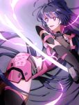  1girl :d ahoge armored_leotard bangs black_gloves bodysuit elbow_gloves electricity gloves glowing glowing_sword glowing_weapon highres holding holding_sword holding_weapon honkai_(series) honkai_impact_3rd katana long_hair pink_bodysuit ponytail purple_eyes purple_hair raiden_mei raiden_mei_(crimson_impulse) smile solo sword uehara_suiyo weapon 