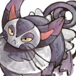 cat closed_mouth english_commentary frown half-closed_eyes looking_at_viewer no_humans pokemon pokemon_(creature) purple_tail purugly sailorclef simple_background solo tail white_background yellow_eyes 