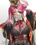  1girl black_coat breasts coat eyepatch gloves hat highres hololive houshou_marine large_breasts leather_belt leotard leotard_under_clothes long_hair multicolored_hair olga_korezky pirate red_hair red_ribbon ribbon see-through see-through_leotard two-tone_hair virtual_youtuber yellow_eyes 