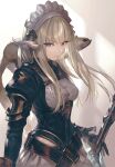  1girl animal_on_shoulder au_ra avatar_(ff14) bangs belt blonde_hair blue_eyes blunt_bangs breasts commission dragon_horns final_fantasy final_fantasy_xiv garuku gloves horns long_hair looking_at_viewer maid_headdress scales skeb_commission small_breasts solo upper_body weapon 