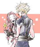  1boy 1girl aerith_gainsborough armor ashinamaturi bangs belt blonde_hair blue_pants blue_shirt blush braid braided_ponytail brown_belt brown_hair choker closed_eyes cloud_strife cowboy_shot dress earrings final_fantasy final_fantasy_vii final_fantasy_vii_remake flower flower_choker hair_ribbon hand_on_another&#039;s_arm highres holding holding_flower holding_hands jacket jewelry letterboxed long_hair looking_at_another open_mouth pants parted_bangs pink_background pink_dress pink_ribbon red_jacket ribbon shirt short_hair shoulder_armor sidelocks single_bare_shoulder single_earring smile spiked_hair suspenders sweatdrop teeth upper_teeth_only yellow_flower 