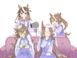  4girls ^_^ animal_ears blue_eyes blush bow bowtie brown_hair closed_eyes closed_mouth couch drying drying_hair eighth_note frown hair_dryer hat holding holding_clothes holding_hair_dryer holding_hat horse_ears horse_girl horse_tail jitome long_hair long_sleeves low_twintails mini_hat mini_top_hat motion_lines mr._c.b._(umamusume) multicolored_hair multiple_girls musical_note nogi_(jczu7445) open_mouth ponytail purple_eyes purple_shirt purple_skirt sailor_collar school_uniform shirt simple_background sitting skirt smile standing sweatdrop symboli_rudolf_(umamusume) tail tokai_teio_(umamusume) top_hat towel tracen_school_uniform twintails two-tone_hair umamusume v-shaped_eyebrows wet wet_hair white_background yamanin_zephyr_(umamusume) 