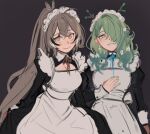  2girls ahoge alternate_costume antlers apron bangs brown_eyes brown_hair ceres_fauna earrings eus_ing feather_hair_ornament feathers flower green_hair grin hair_flower hair_ornament hair_over_one_eye hairclip hololive hololive_english jewelry long_hair maid maid_apron maid_headdress mole mole_under_eye multicolored_hair multiple_girls nail_polish nanashi_mumei ponytail ribbon smile streaked_hair very_long_hair virtual_youtuber yellow_eyes 