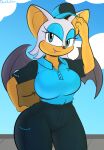  amazon_(company) anthro baseball_cap bat big_breasts breasts clothing davidsanchan delivery_(commerce) delivery_employee female hat headgear headwear hi_res looking_at_viewer mammal package polo_shirt rouge_the_bat sega shirt solo sonic_the_hedgehog_(series) topwear wide_hips wings 