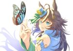  1girl ahoge animal_ears armband bangs brown_hair bug butterfly butterfly_on_hand green_eyes hair_ornament hairclip hat horse_ears jacket long_hair looking_to_the_side mini_hat mini_top_hat mr._c.b._(umamusume) nogi_(jczu7445) open_mouth outstretched_arm single_sleeve smile solo teeth top_hat umamusume upper_body white_jacket wrist_cuffs 