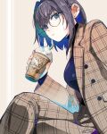  1girl alternate_costume bespectacled blue_hair coffee earrings formal frappuccino glasses hair_intakes highres hololive hololive_english iris_(tb33064667) jewelry looking_at_viewer ouro_kronii plaid round_eyewear short_hair simple_background starbucks suit virtual_youtuber 