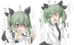  1girl anchovy_(girls_und_panzer) black_ribbon bra breasts drill_hair elf_(stroll_in_the_woods) girls_und_panzer green_hair hair_ribbon highres long_hair necktie open_mouth red_eyes ribbon shirt simple_background skirt smile solo twin_drills twintails underwear white_background white_shirt 