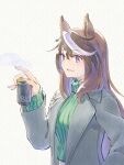  1girl alternate_costume animal_ears bangs black_jacket breasts brown_hair can canned_coffee green_sweater hand_up highres holding holding_can horse_ears jacket long_sleeves looking_at_viewer multicolored_hair nogi_(jczu7445) open_clothes open_jacket open_mouth purple_eyes small_breasts solo streaked_hair sweater symboli_rudolf_(umamusume) turtleneck turtleneck_sweater umamusume upper_body 