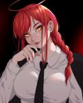  1girl bangs black_coat black_necktie braid braided_ponytail chainsaw_man coat coat_on_shoulders collared_shirt gradient gradient_background halo head_removed light_smile long_hair looking_at_viewer makima_(chainsaw_man) necktie prodviks red_hair red_halo ringed_eyes shirt sidelocks solo white_shirt yellow_eyes 