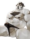  anthro balls barazoku bare_shoulders biceps big_biceps big_muscles big_pecs black_body black_fur bottomwear canid canine canis chest_tuft clothed clothing digital_media_(artwork) doooo2424 facial_hair fur genitals hair hi_res huge_muscles male mammal muscular muscular_male partially_clothed pecs penis simple_background sleeping tuft wolf 