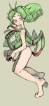  1girl antenna_hair arthropod_girl arthropod_limbs brown_background claws closed_mouth full_body green_hair highres imoko looking_at_viewer mantis_girl monster_girl original red_eyes short_eyebrows short_hair simple_background solo standing tongue tongue_out 