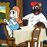  anthro bear big_butt black_eyes breasts brown_body brown_fur brown_nose butt canid canine canis chair chef chef_uniform chubby_female diner domestic_dog duo ear_tuft facial_markings female fur furniture hair hair_up head_markings hi_res highlights_(coloring) hybrid hyena inner_ear_fluff larger_male mabramstoons male male/female mammal manna-mint markings mr.hakkai painting pink_nose poodle rubberhose size_difference smaller_female smile smiling_at_viewer split_color table tablecloth tied_hair tuft waiter waitress_uniform white_body white_fur wide_hips 