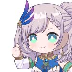  1girl aqua_eyes blue_dress blue_feathers braid detached_sleeves dress earrings feather_hair_ornament feathers grey_hair hair_ornament hololive hololive_indonesia jewelry pavolia_reine ponytail smile thumbs_up upper_body virtual_youtuber white_sleeves zerorespect_bot 