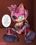  absurd_res amy_rose angry anthro areola breasts clothed clothing english_text female genitals hi_res mightycock_(artist) nipples open_mouth pussy sega solo sonic_the_hedgehog_(series) spread_pussy spreading text 