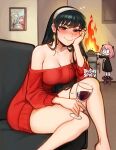  2girls among_us anya_(spy_x_family) anya_(spy_x_family)_(cosplay) bare_legs bare_shoulders black_hair blush blushyspicy breasts burning cleavage cooking cosplay couch crewmate_(among_us) cup dress drinking_glass drunk earrings elbow_rest english_commentary female_child fire frying_pan gold_earrings hair_down hairband head_rest highres holding holding_cup jewelry large_breasts living_room long_hair looking_at_viewer mother_and_daughter multiple_girls picture_frame red_eyes sitting smile solo_focus spy_x_family stove sweater sweater_dress thighs twilight_(spy_x_family) twilight_(spy_x_family)_(cosplay) white_hairband wide-eyed wine_glass yor_briar yor_briar_(cosplay) 