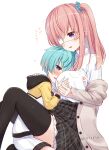  1boy 1girl age_difference aqua_hair between_breasts between_legs black_hood black_skirt black_thighhighs blue_eyes blue_scrunchie blush bow bowtie breast_grab breast_pillow breasts brown_cardigan cardigan eyepatch face_to_breasts frilled_skirt frills grabbing guided_breast_grab guiding_hand head_between_breasts head_on_head head_rest hetero hood hoodie kneeling knees_up large_breasts long_hair looking_at_another male_child medical_eyepatch nei_akutsu nose_blush onee-shota open_mouth original os_(os_fresa) pink_bow pink_bowtie pink_hair plaid plaid_skirt pleated_skirt pointy_ears purple_eyes scrunchie shirt short_hair skirt souta_kandori thighhighs translation_request wavy_mouth white_background white_hoodie white_shirt yellow_sleeves 