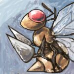  antennae bee beedrill blue_background bug drill english_commentary looking_up no_humans pink_eyes pokemon pokemon_(creature) sailorclef solo stinger wings 