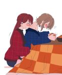  2girls brown_hair character_request closed_eyes copyright_request food fruit highres kotatsu multiple_girls orange_(fruit) red_hair rlqns9995 sweat table yuri 