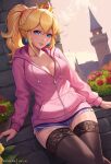  1girl alternate_costume bird black_thighhighs blonde_hair blue_eyes blue_shorts breasts bush castle casual cleavage closed_mouth cloud crown drawstring earrings english_commentary exlic flower highres hood hood_down hoodie jewelry large_breasts lips mario_(series) outdoors pink_hoodie ponytail princess_peach red_flower red_rose rose short_shorts shorts sitting sky solo thighhighs thighs zipper 