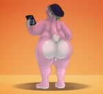  anthro backsack balls beanie big_butt butt casual_nudity cellphone clothing fawxythings fur genitals hat hat_only headgear headgear_only headwear headwear_only hi_res huge_butt lagomorph leporid long_ears male mammal mostly_nude nude phone pink_body pink_fur rabbit rear_view scut_tail short_tail smartphone solo standing tail 