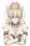  1girl armlet bare_shoulders blonde_hair blue_eyes bowsette bracelet breasts collar crown earrings elf_(stroll_in_the_woods) highres horns jewelry large_breasts long_hair looking_at_viewer mario_(series) new_super_mario_bros._u_deluxe pointy_ears ponytail sharp_teeth simple_background solo spiked_bracelet spiked_collar spikes super_crown teeth white_background 