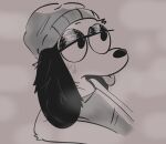  anthro black_body black_ears black_fur blep bodily_fluids canid canine canis clothing domestic_dog eyelashes eyeshadow floppy_ears fur hat headgear headwear hi_res makeup mammal mazeuncovered puppy_(puppynsfw) solo sweat tongue tongue_out topwear 