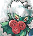  blue_flower blue_rose covered_mouth english_commentary flower half-closed_eyes no_humans pokemon pokemon_(creature) red_eyes red_flower red_rose rose roserade sailorclef solo 