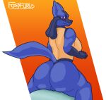  anthro behind_view big_breasts big_butt breasts butt ear_tuft ears_up female fossfurus generation_4_pokemon genitals hi_res inner_ear_fluff lucario nintendo pillow pokemon pokemon_(species) pussy raised_tail sitting sitting_on_pillow snout solo solo_focus stare tail thick_thighs tuft 