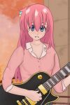  1girl badman0207 blue_eyes bocchi_the_rock! electric_guitar evening gibson_les_paul gotou_hitori guitar hair_between_eyes highres instrument music open_mouth outdoors pink_hair playing_instrument self_upload shirt sunset ugly_woman 
