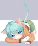  1boy :o all_fours animal_ears aqua_hair arm_support blue_eyes cat_boy cat_ears cat_tail green_shorts grey_background head_rest highres hood hoodie kemonomimi_mode letterboxed looking_at_viewer orange_hoodie original os_(os_fresa) paw_print short_hair shorts solo souta_kandori tail two-tone_background white_background 