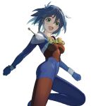  1girl :d absurdres allenby_beardsley blue_bodysuit blue_hair bodysuit bow breasts g_gundam gloves green_eyes gundam highres looking_at_viewer medium_breasts mobile_trace_suit multicolored_bodysuit multicolored_clothes open_mouth red_bodysuit short_hair skin_tight smile solo tanakalma 