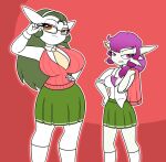  2022 accessory adjusting_glasses annoyed_expression big_breasts bottomwear breast_size_difference breasts brown_eyes clothing dativyrose duo eyewear female gardevoir generation_3_pokemon glasses green_hair hair hair_accessory hairband hand_on_hip humanoid long_hair looking_away medium_hair mina_evaline nintendo not_furry piercing pokemon pokemon_(species) purple_hair red_background red_eyes school_uniform simple_background size_difference skirt small_breasts topwear uniform vest 
