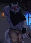  absurd_res anthro bottomwear bulge candle canid canine canis cloak clothed clothing death_(puss_in_boots) fangs fur glowing glowing_eyes gomitus77 hand_behind_head hi_res inside looking_at_viewer male mammal midriff muscular muscular_anthro muscular_male open_mouth pants puss_in_boots_the_last_wish red_eyes sickle solo teeth weapon white_body white_fur window wolf 