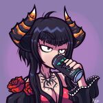  1girl ahoge alcang artist_name bangs bare_shoulders black_hair black_nails black_sleeves breasts can cartoonized cleavage commission detached_sleeves dress drinking eliza_(tekken) highres holding holding_can horns long_hair monster_energy nail_polish purple_background red_dress red_eyes simple_background solo tattoo tekken tekken_7 toon_(style) upper_body vampire 