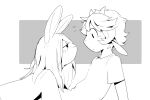  anthro arm_support blush bovid caprine clothing duo emanata eyelashes goat greyscale hair horn janis_(twang) lagomorph leporid long_hair looking_at_another male male/male mammal messy_hair milo_(twang) monochrome mouthless rabbit shirt short_hair topwear twang 